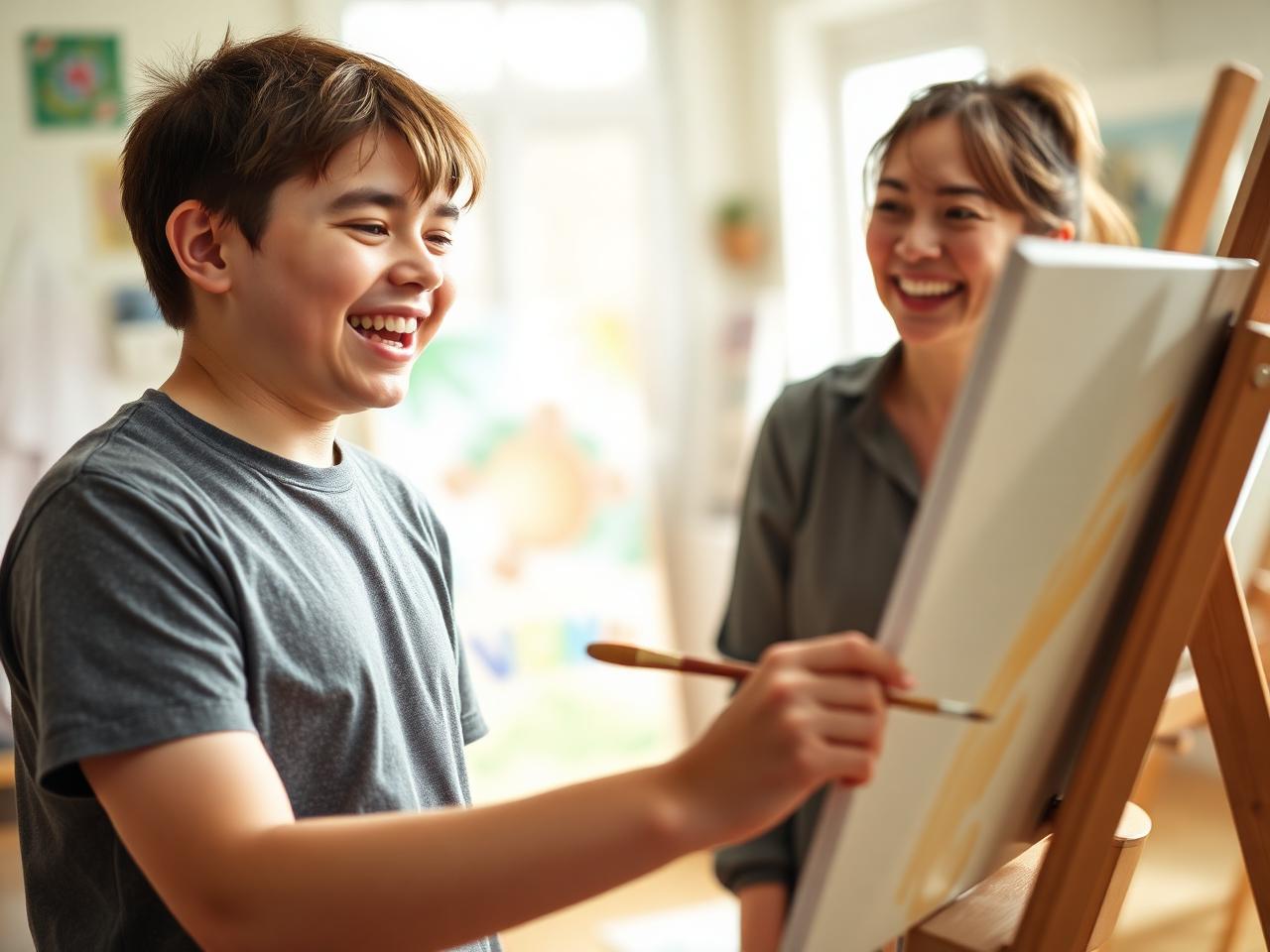 Smiling young adult painting at an easel with an encouraging support worker beside him