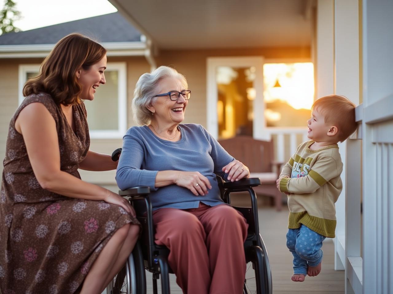 Multigenerational Alberta family laughing together on a sunlit porch