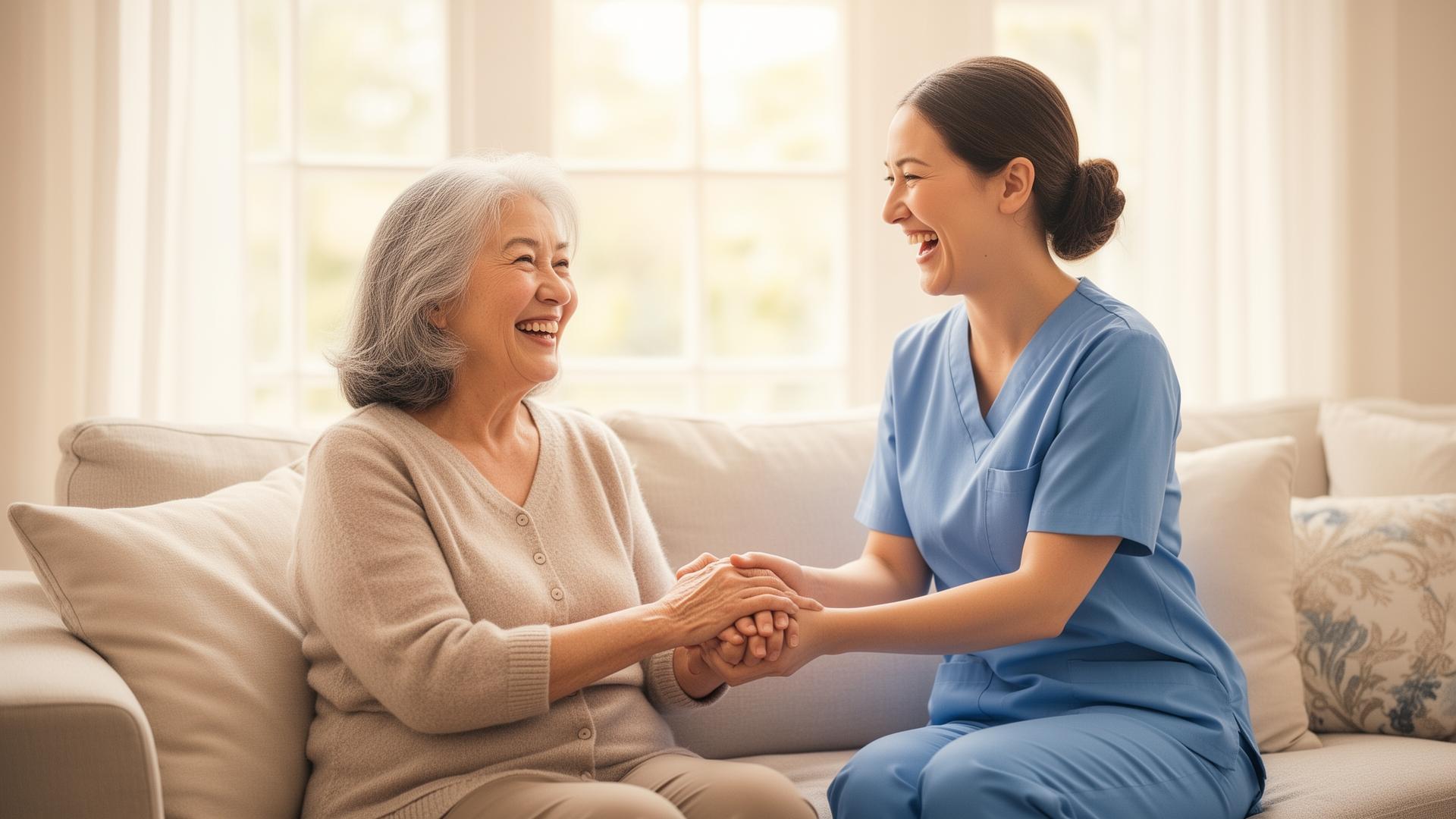 Caregiver in soft blue scrubs laughing warmly with an elderly woman in a sunlit Calgary living room